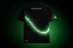 Back t-shirt with glowing green design and 'DOMO MUZIQ' text on a dark background
