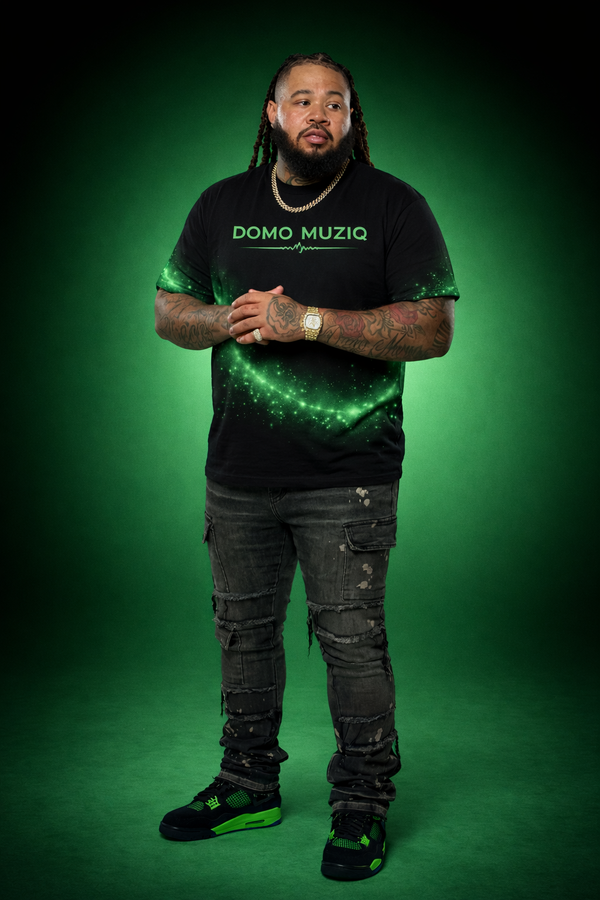 Domo wearing a black t-shirt with 'DOMO MUZIQ' text on a green background